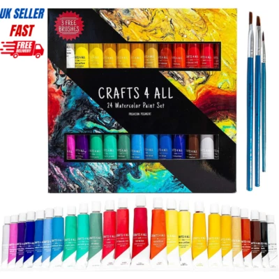 CRAFTS 4 ALL WATERCOLOUR PAINTS & BRUSHES SET TUBES PACK of 24 x 12 ml NON TOXIC 24 COLORS