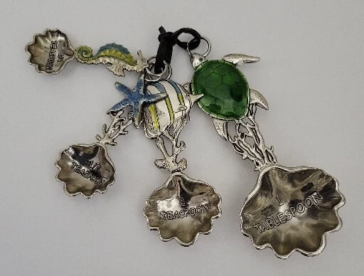 Sea Ocean Theme Measuring Spoons Silver Sea Turtle, Fish, Starfish, Seahorse