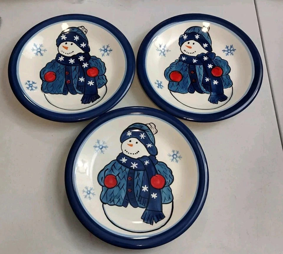 Libbey Snowman 8" Plates Salad Luncheon Ceramic Christmas Winter Blue Snowflake - Image 3 of 4