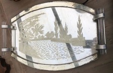 PLATEAU DE PRESENTATION ART DECO EN VERRE DEPOLI DECOR  EAU & VÉGÉTATION 1930