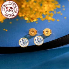 Luxury Sterling Silver 925 Solid Round Cut Cubic Zircon Stud Earrings for Women