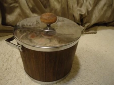 Vintage Atapco MCM Faux Wood Grain Ice Bucket Chrome Lid Barware Mid Century 