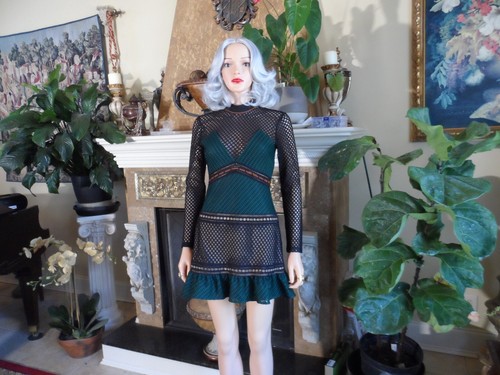 Self-Portrait Black & Green Crotchet Lattice Lace Mini Dress Size 2 - Picture 3 of 24
