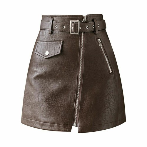 Womens Asymmetric Faux Leather Mini Skirt Dress Belted High Waist Zip Up//* - Picture 9 of 26