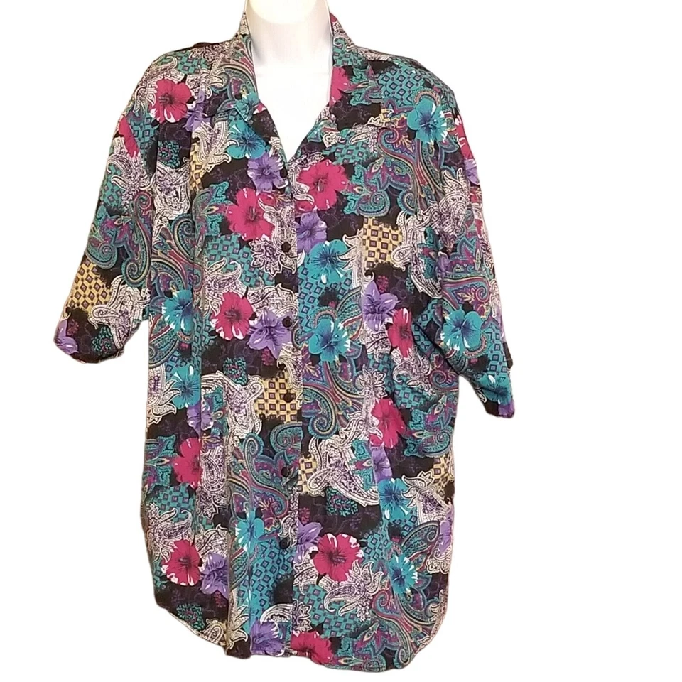 LA Dreamin Vintage Blouse Women’s Size 3X Short Sleeve Paisley Button Up Shirt - Image 2 of 4