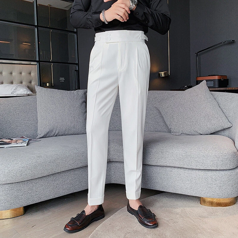 Men Bermuda High Waist Casual Suit Pants Straight Trousers Buckle