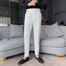 Retro Men High Waist Casual Suit Pants Straight Trousers Buckle Pants