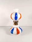 Rare Antique Milk Glass Embossed Blue Orange Panel Miniature Centennial Oil Lamp
