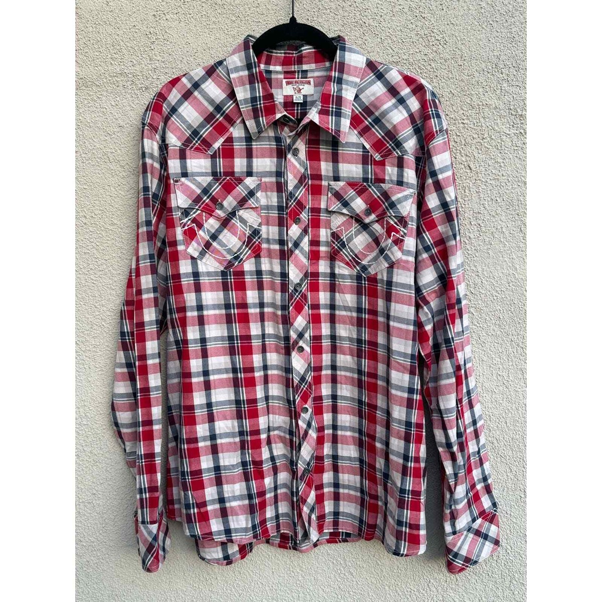True Religion Men’s XL Western Plaid Red Blue Button Up Long Sleeve Shirt
