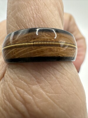Size 10 Tungsten Carbide Ring Whisky Barrel Oak Wood Guitar String Inlay Unisex