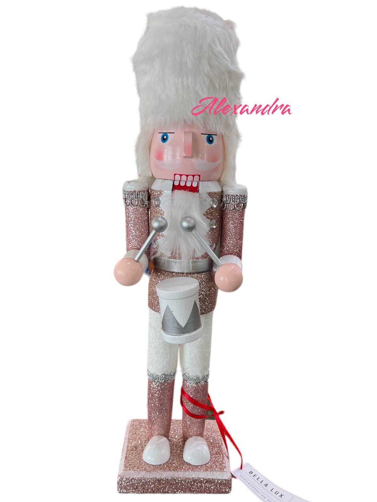 Bella Lux Wooden 14.5” Nutcracker Drummer Pink Glitter Christmas Home Decor