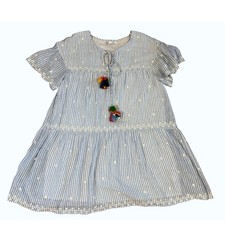 Zara TRF Blue Stripe Pom Pom Tassel Dress S Boho Summer Polyester