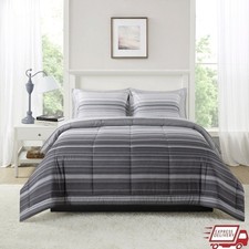 7-Piece Reversible Bed in a Bag Comforter Set with Sheets Gray Stripe Ombre Full