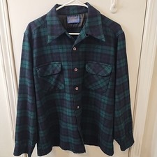 Vtg Pendleton Men's Wool Board Shirt Tartan Plaid Loop Collar Size L 1960's