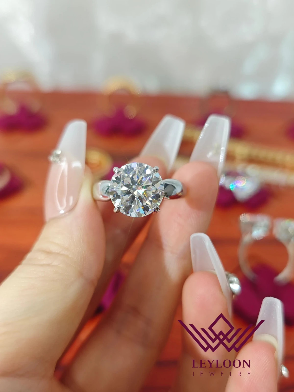 5 Carat D Round Cut Beveled Edge Pinched Shank Solitaire 10K Moissanite Ring