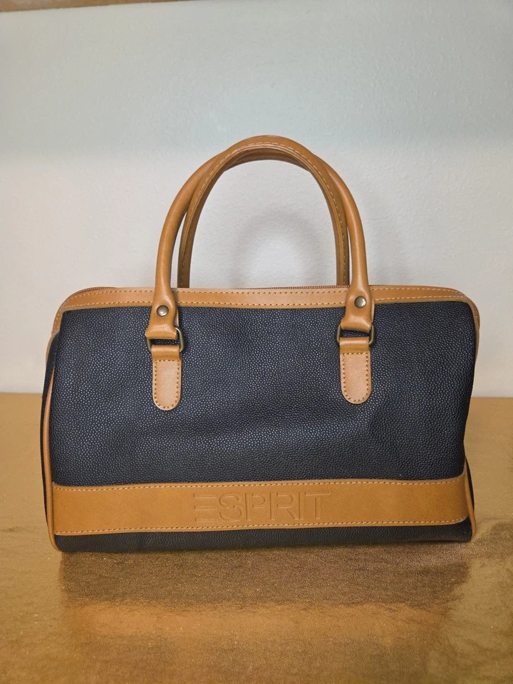 ESPRIT Vintage 90s Black Tan Pebbled Leather Logo Handbag Purse 2 Handle Bag - Image 2 of 4