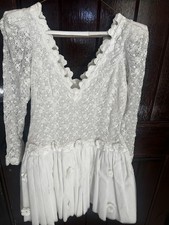 White Lace Floral Ruffle V-Neck Long Sleeve Short A-Line Party Dress