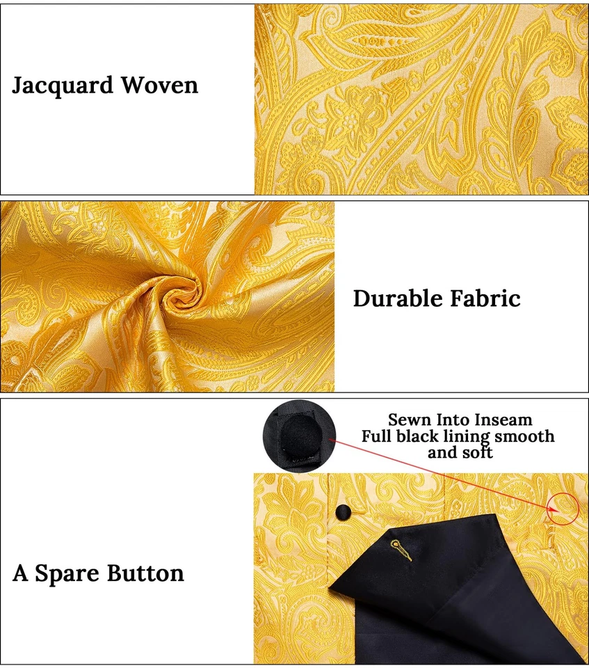 Conjunto de pajarita chaleco amarillo brillante para hombre chaleco de seda cachemira y pajarita bolsillo S... Foto 4 de 4