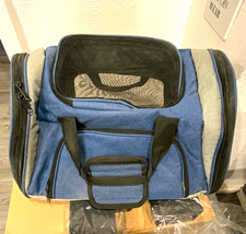 Hundetragetasche S aus Stoff Blau/Grau mit Netzfenstern und Tragegriffen