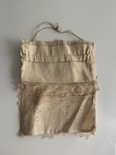Antique Edwardian Lace Linen Drawstring Reticule Purse Pouch Bag