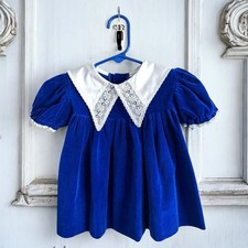 Rare Vintage Blue Velvet baby Girl size 12 months Dress Lace Trim collar/sleeves