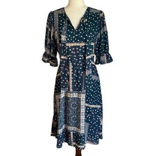 CHELSEA28 Green Blue Floral Patchwork Midi Dress Size Small Tie Neck Summer