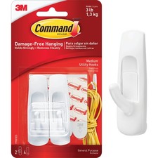 Command Medium Utility Hook, White, 2 Hooks, 4 Strips 17001ES-2PK Command 2.48 per strip