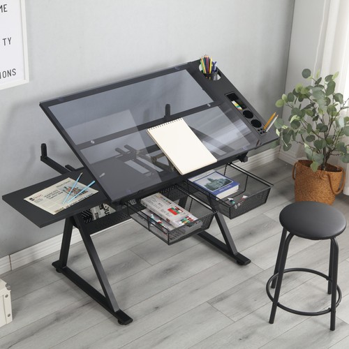 Adjustable Black Tempered Glass Drafting Table with Chair for Art Design Studio