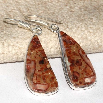 925 Silver Plated Asteroid Jasper Ethnic Earrings Jewelry Size 1.8'' GW