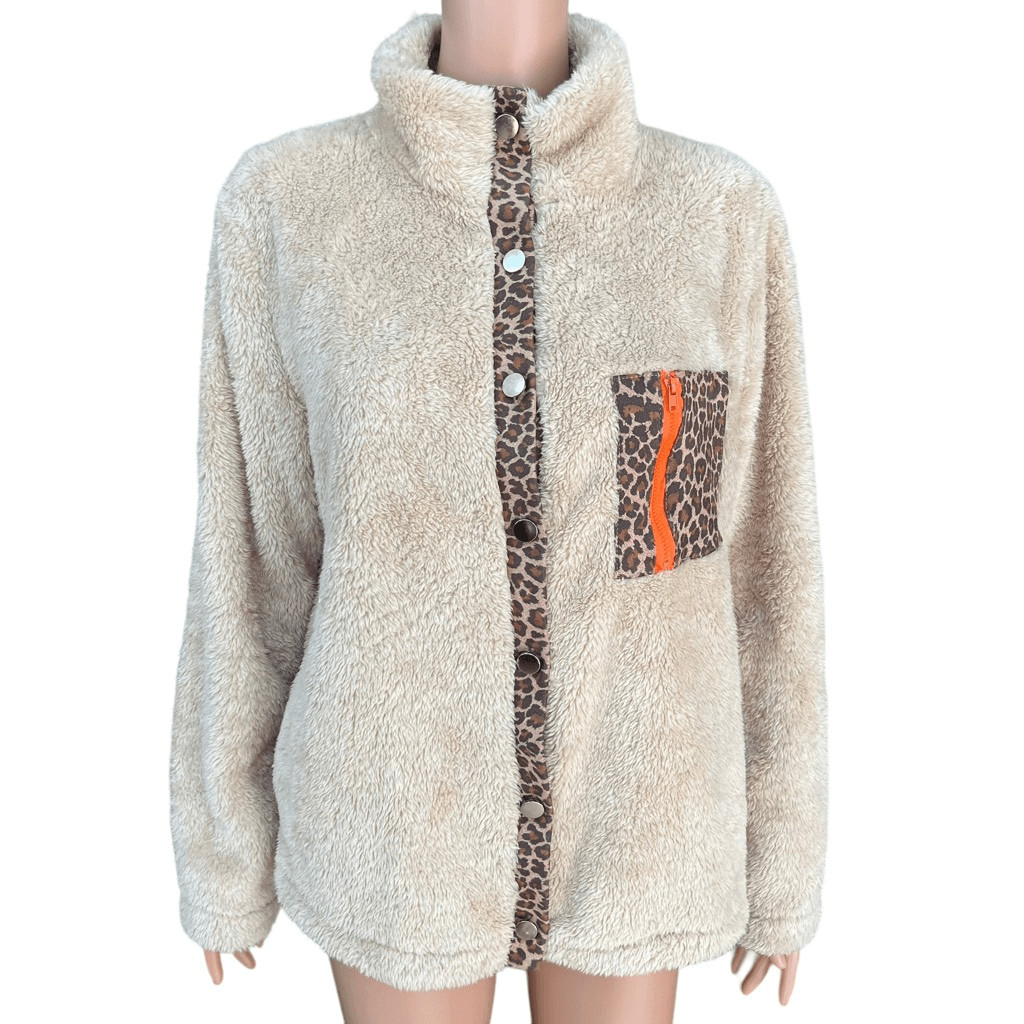 Warm Leopard Patchwork Zipper Pocket Button Front… - image 2