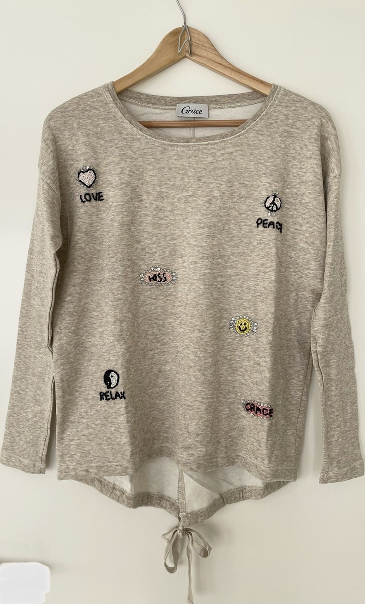 NEU Grace Pullover Sweatshirt Seide Pailletten Peace Love Smiley