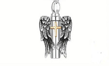 MEMORIAL ASHES URN CROSS ANGEL WINGS Pendant on 22" 925 Plated Silver Necklace