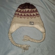 EUC The North Face Unisex Beanie Winter Wool Blend Hat W/ Ear Flaps Purple White