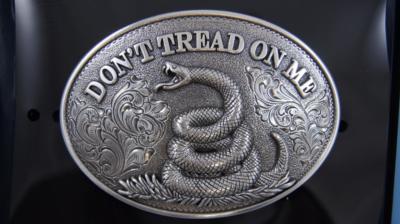Nocona Western Belt Buckle DON'T TREAD ON ME Snake Silver Tone 37109