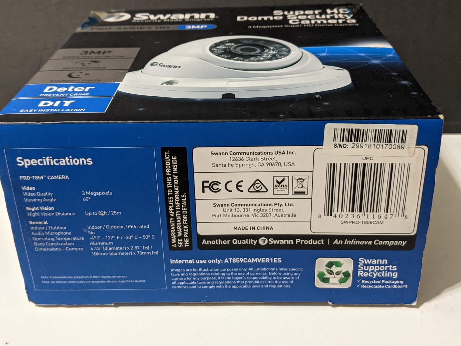 Swann SWPRO-T859CAM 3MP Super HD Dome Security Camera for Super HD DVRs No Cable