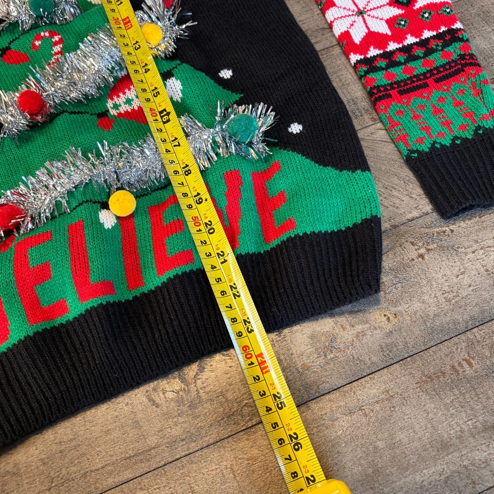 No Boundaries Black Ugly Christmas Sweater with Santa Claus Tree Tinsel Size S