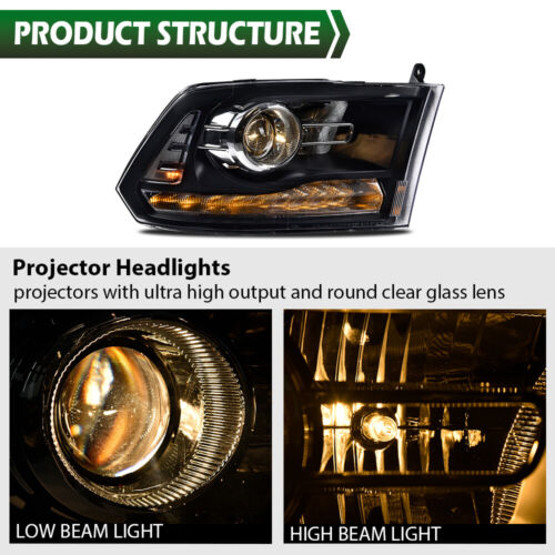 Fit For 2009-2018 Ram 1500 2500 3500 Clear Black Projector Headlights w/LED DRL - Picture 5 of 10