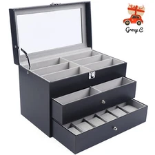 24 Slots 3 Layers Watch Box Leather Display Case Organizer Jewelry Storage Box