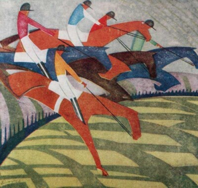 The First Fence Horse Racing Linocut William Greengrass 1930 Vintage Sports