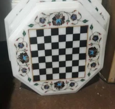 18" White Marble kids game Lapis Floral Chess Table Top Inlay work  antique