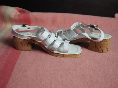 VTG 70s Sol-Mor White Patent Leather Wedge Heel Cork Strappy Slingback  Sandals