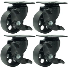 4 All Black Metal Swivel Plate Caster Wheels w/ Brake Heavy Duty (3" w/ Brake)