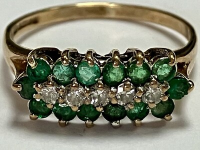 ''Vintage Damenring 9 kt Gelbgold, Smaragd & Diamant 3-reihig''