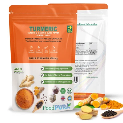 FOODPURA Ginger Turmeric Garlic & Black Pepper Capsules X 365 4000mg HIGH STRENGTH Vegan