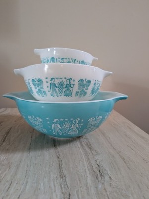Vintage Pyrex Butterprint Turquoise Cinderella Bowl Set 441  443  444
