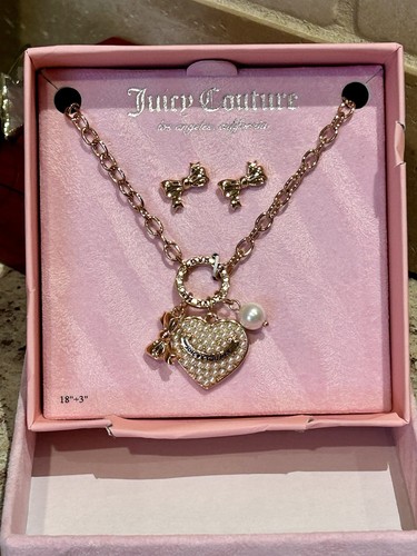 Juicy Couture Herz Anhänger Halskette & Schleife Ohrstecker Set Perlen verziert - Bild 2 von 5