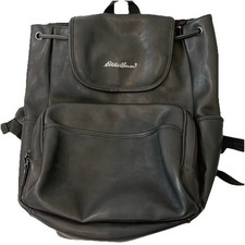 Vtg Eddie Bauer Black Faux Leather Backpack Cinch Top Versatile Travel Daypack