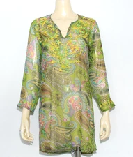 Raj Green Yellow Pink Embroidered Paisley 100% Silk Cover Up Tunic Blouse Size S