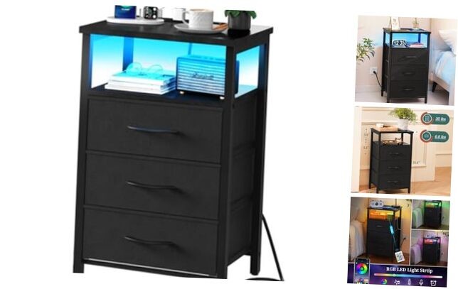 Night Stand with Charging Station, 16 Colors LED Nightstand 3 Drawers Black