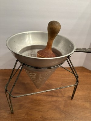 Vintage Aluminum Food Mill Cone Sieve Colander Strainer With Wood Pestle & Stand